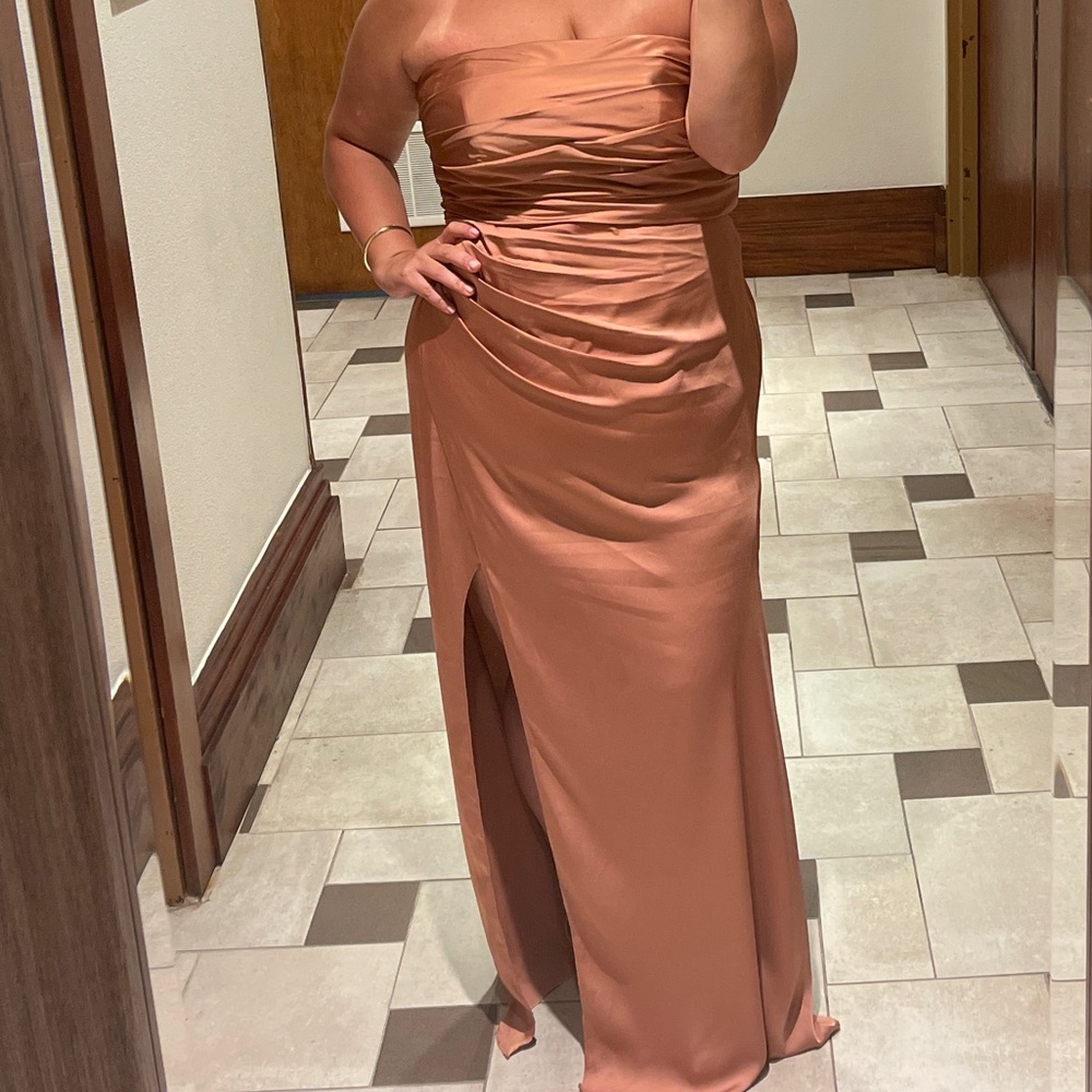 Azazie Lexie stretch satin dress in the color bronzer